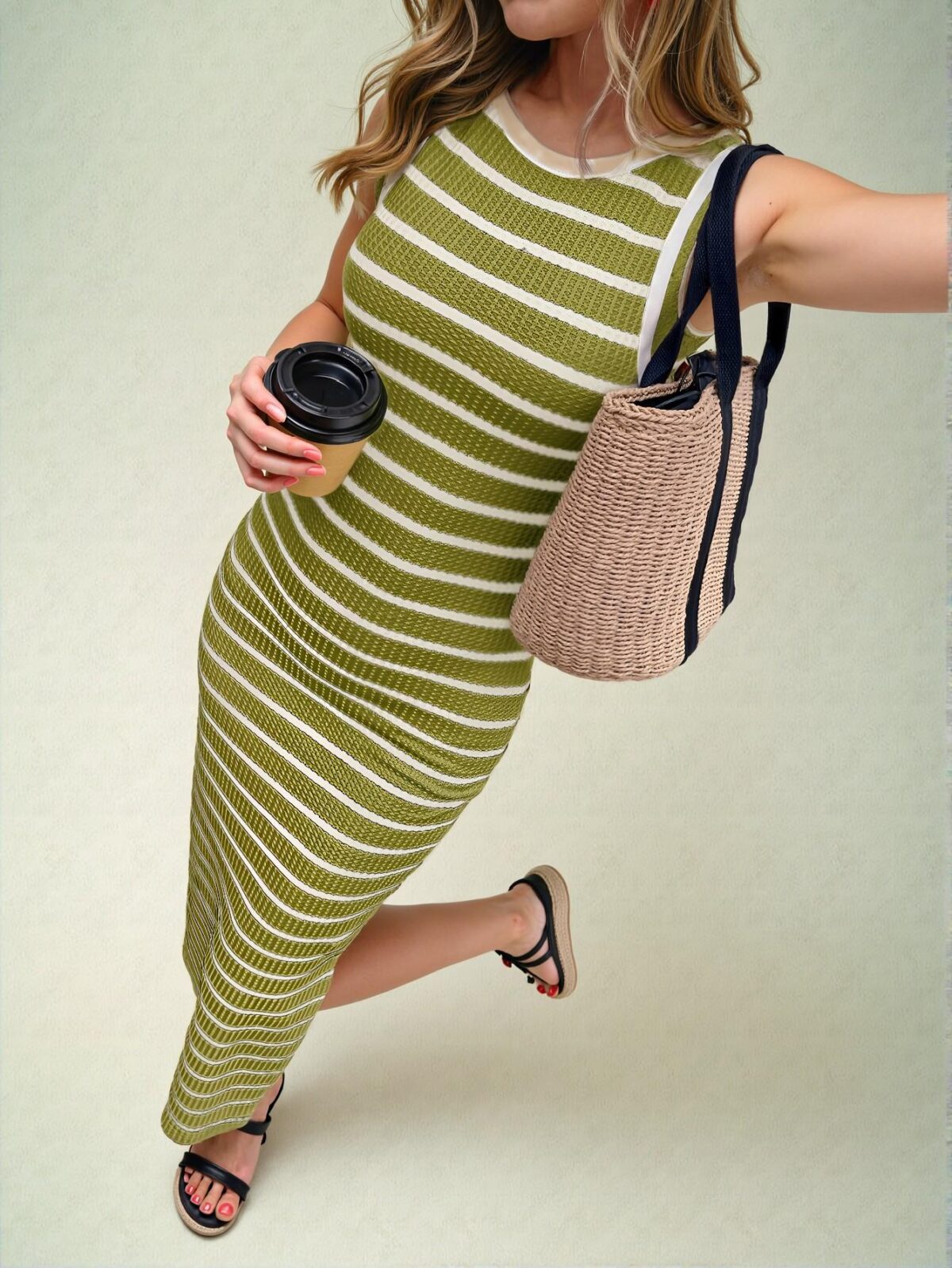 Elegant Green Striped Slim Fit Midi Dress with Side Slit for Casual Office and Holiday Wear - Chic, Classy and Trendy Fashion Style to Dress to Impress