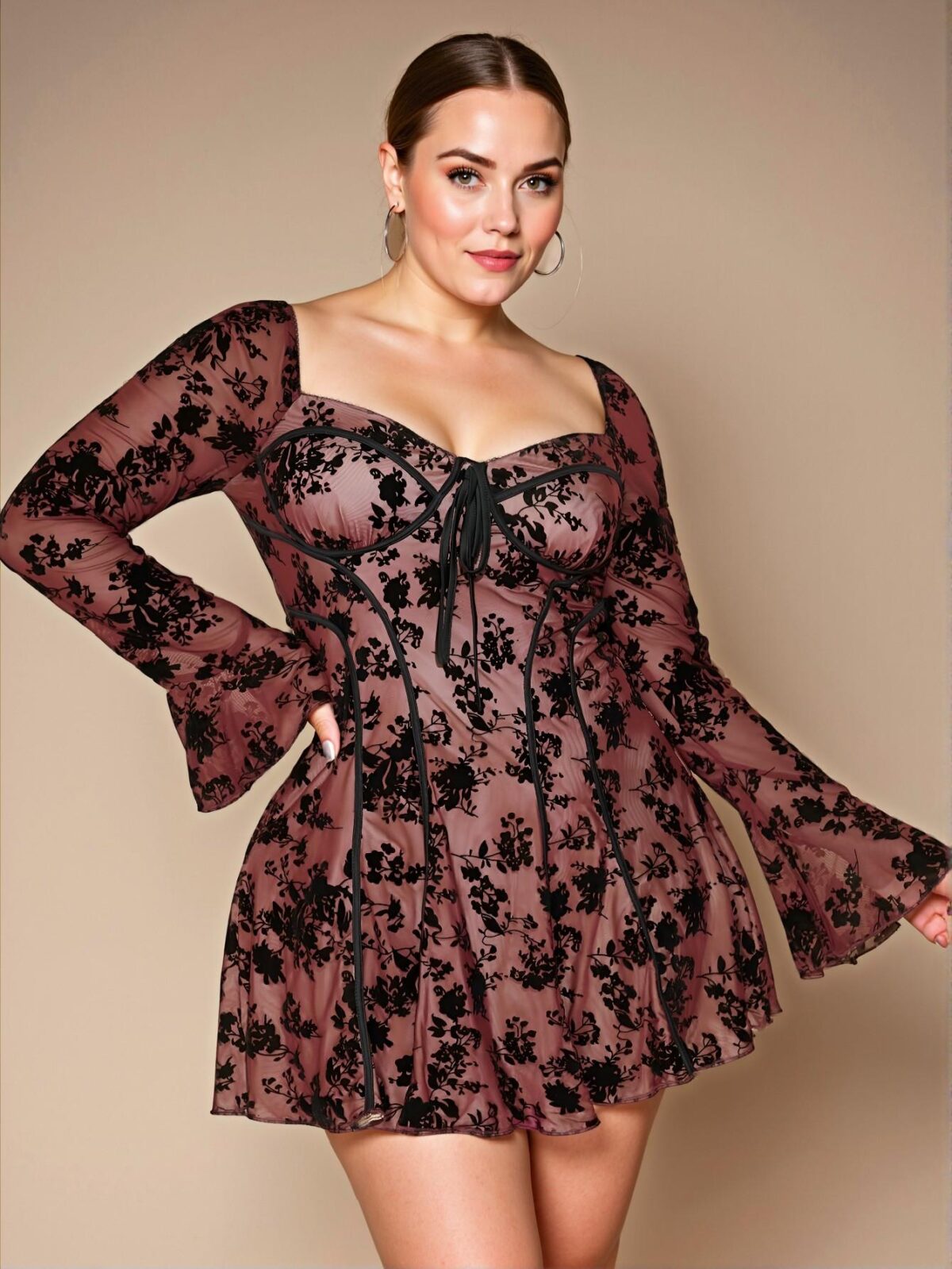 Elegant Burgundy Flirty Velvet Jacquard Peplum A-Line Dress with Long Flare Sleeves for Autumn Date Night - Chic, Classy and Trendy Fashion Style to Dress to Impress - Image 3