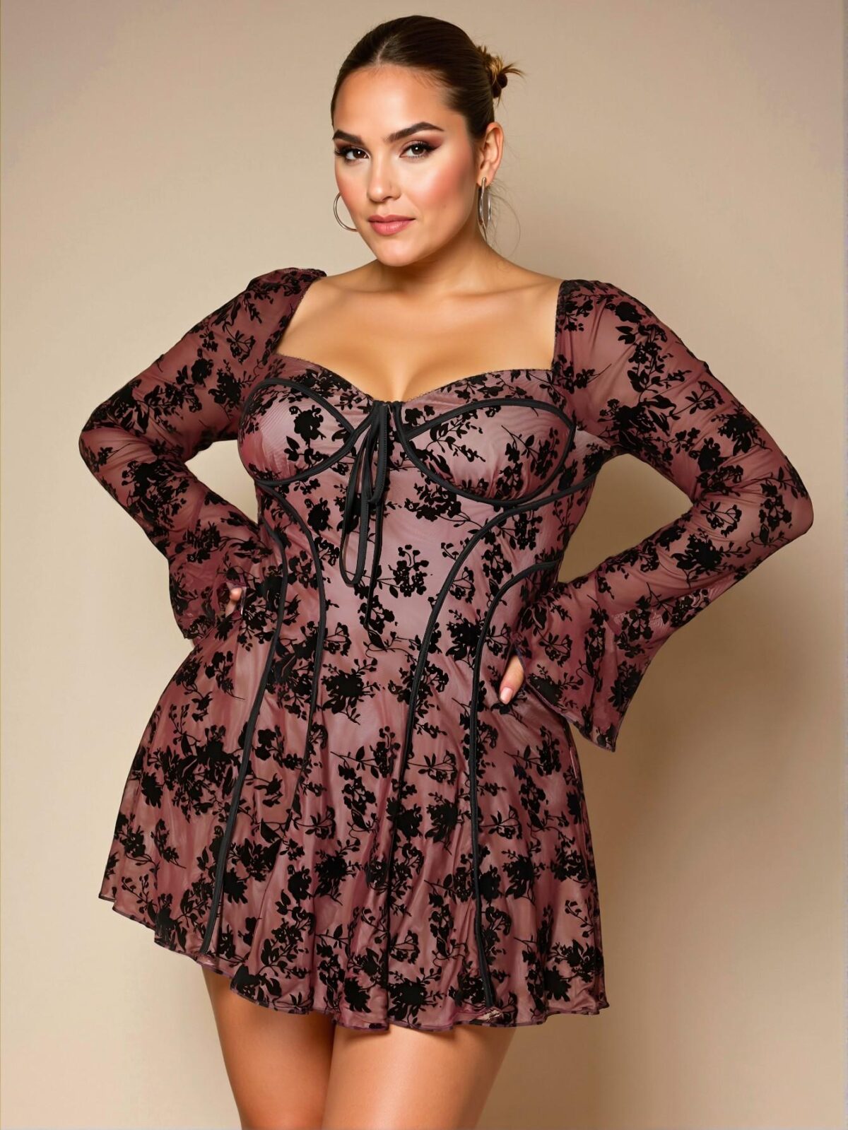 Elegant Burgundy Flirty Velvet Jacquard Peplum A-Line Dress with Long Flare Sleeves for Autumn Date Night - Chic, Classy and Trendy Fashion Style to Dress to Impress - Image 4