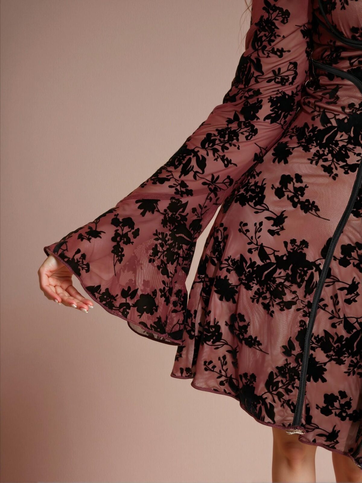 Elegant Burgundy Flirty Velvet Jacquard Peplum A-Line Dress with Long Flare Sleeves for Autumn Date Night - Chic, Classy and Trendy Fashion Style to Dress to Impress - Image 5