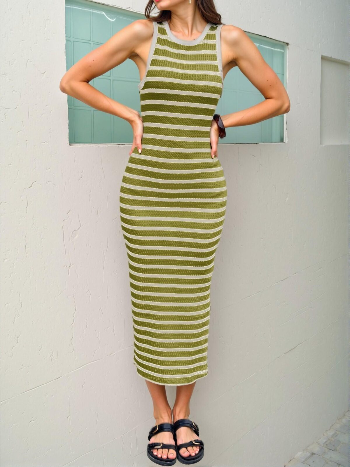 Elegant Green Striped Slim Fit Midi Dress with Side Slit for Casual Office and Holiday Wear - Chic, Classy and Trendy Fashion Style to Dress to Impress - Image 4