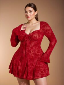 Elegant Red Flared Hem Short Dress with Long Sleeves, Perfect for Dates - Chic, Classy and Trendy Fashion Style to Dress to Impress