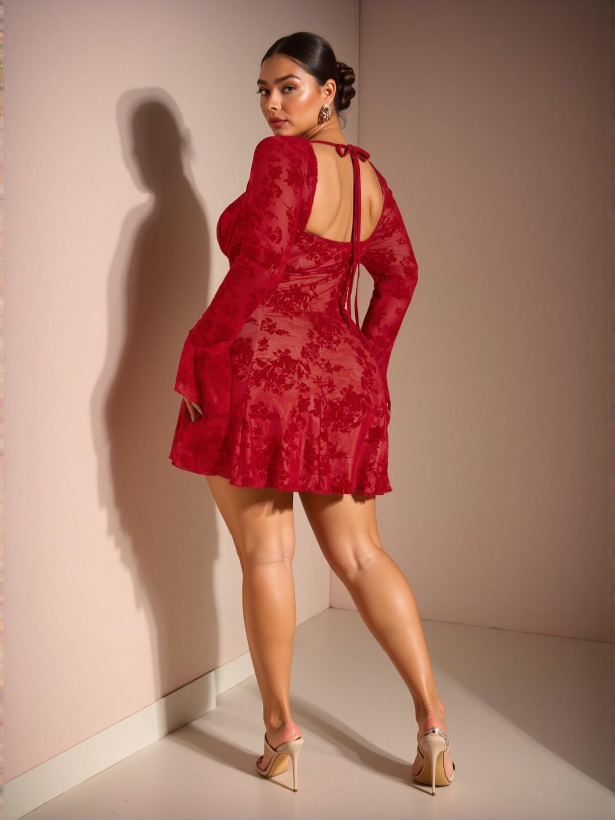 Elegant Red Flared Hem Short Dress with Long Sleeves, Perfect for Dates - Chic, Classy and Trendy Fashion Style to Dress to Impress - Image 2