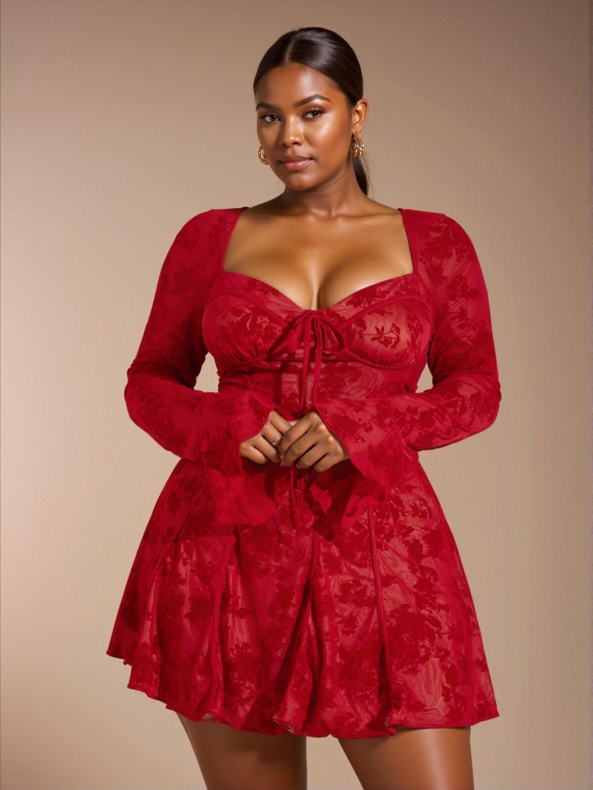 Elegant Red Flared Hem Short Dress with Long Sleeves, Perfect for Dates - Chic, Classy and Trendy Fashion Style to Dress to Impress - Image 3
