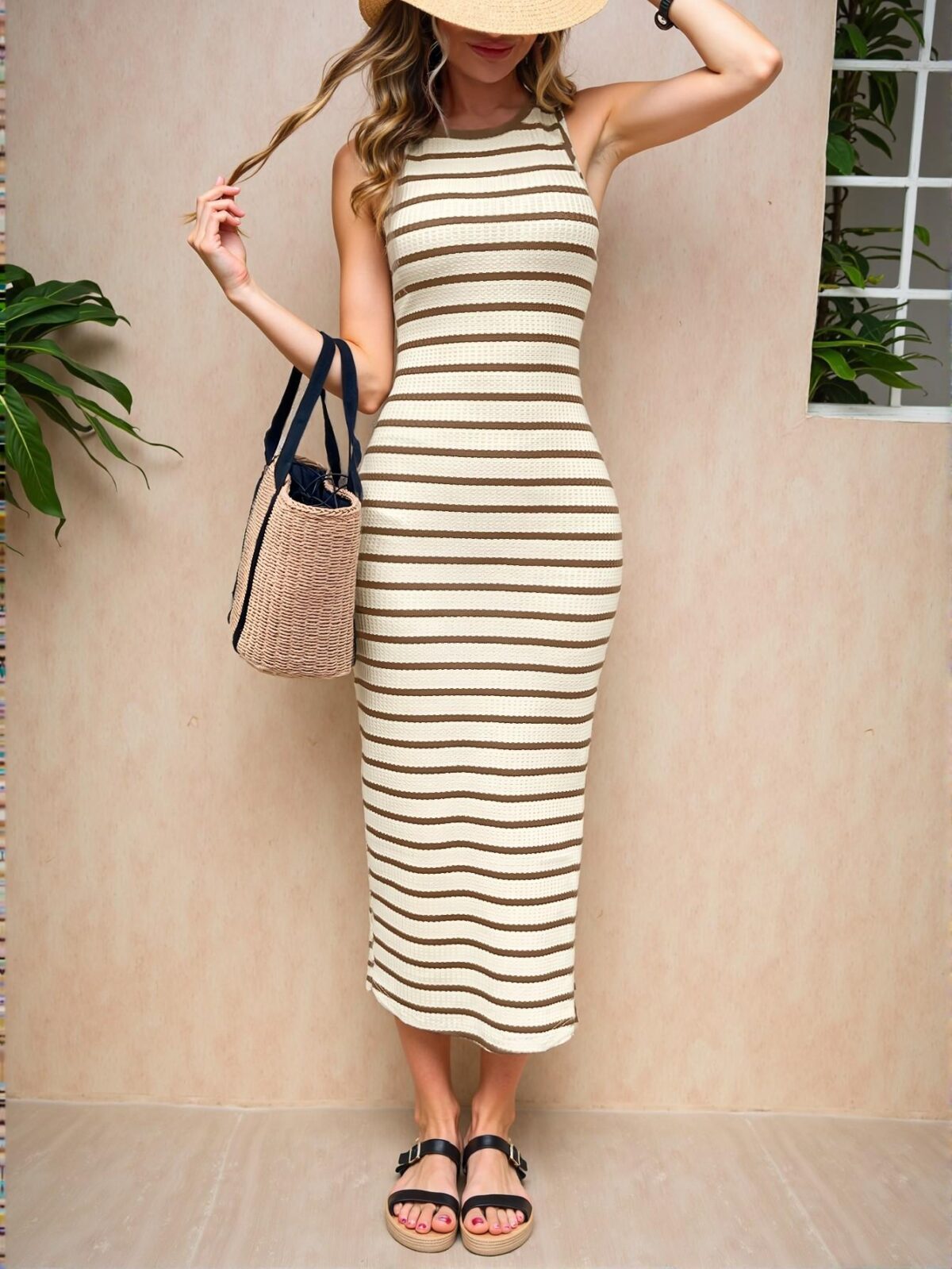 Elegant Khaki Striped Slim-Fit Midi Dress with Side Slit for Casual Outings and Office Wear in Spring and Summer - Chic, Classy and Trendy Fashion Style to Dress to Impress - Image 3