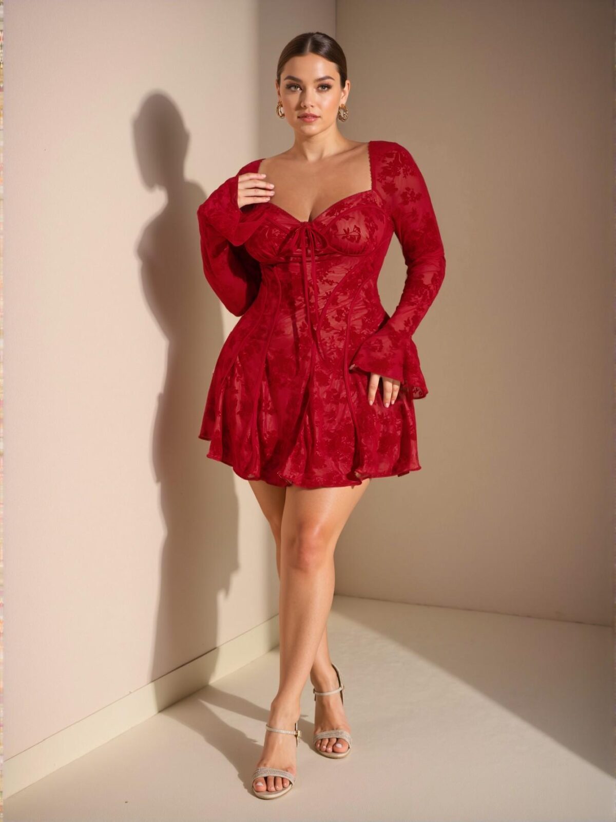 Elegant Red Flared Hem Short Dress with Long Sleeves, Perfect for Dates - Chic, Classy and Trendy Fashion Style to Dress to Impress - Image 5