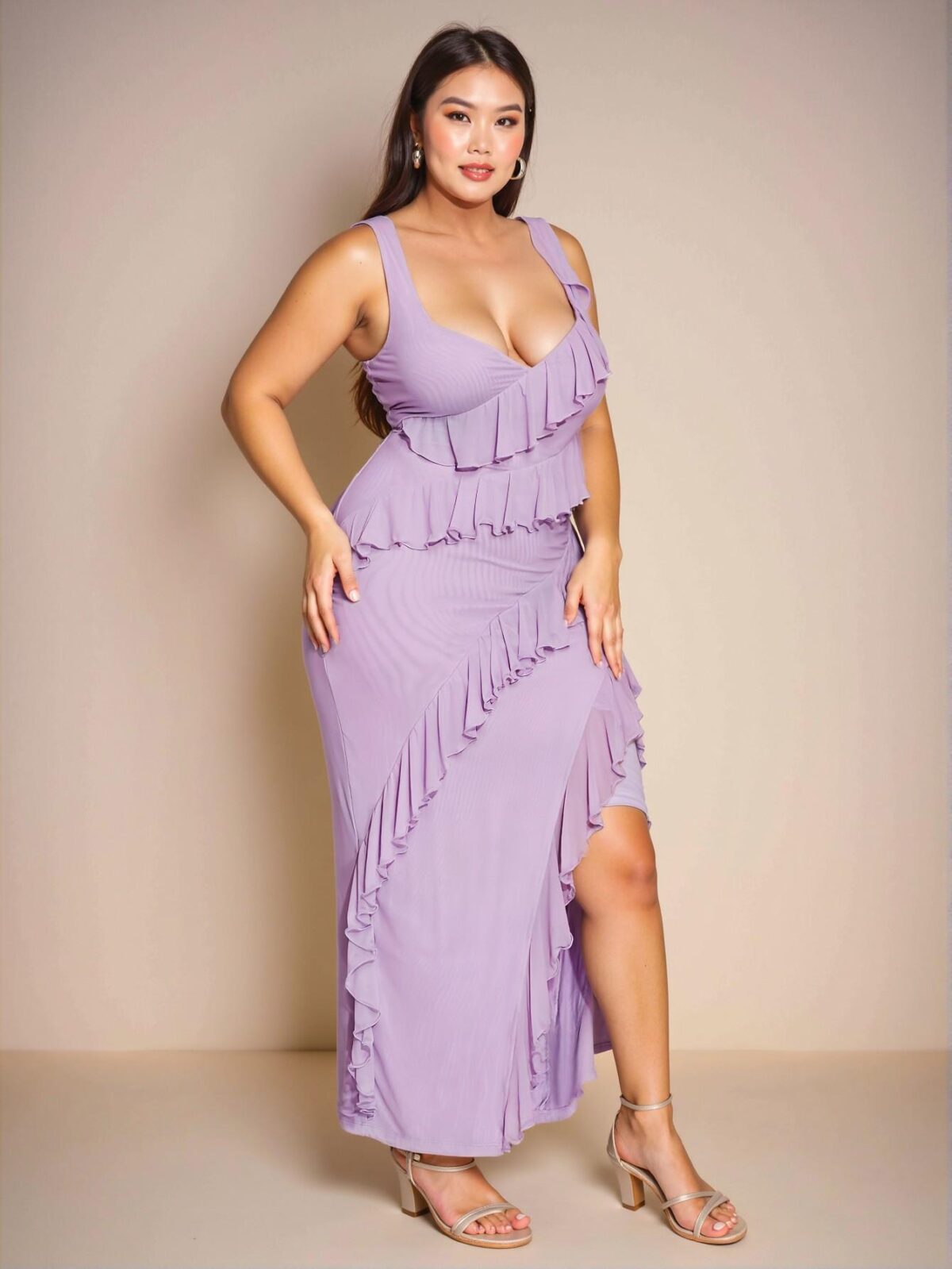 Elegant Mauve Purple Bodycon Cami Dress with Asymmetrical Ruffle Hem and Split for a Chic, Classy and Trendy Fashion Style to Dress to Impress - Image 5