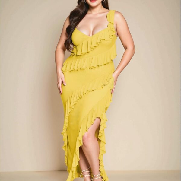 Elegant Yellow Asymmetrical Ruffle Hem Bodycon Maxi Dress Chic, Classy and Trendy Fashion Style to Dress to Impress
