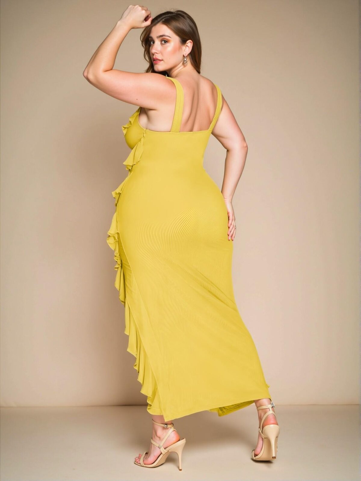 Elegant Yellow Asymmetrical Ruffle Hem Bodycon Maxi Dress Chic, Classy and Trendy Fashion Style to Dress to Impress - Image 2