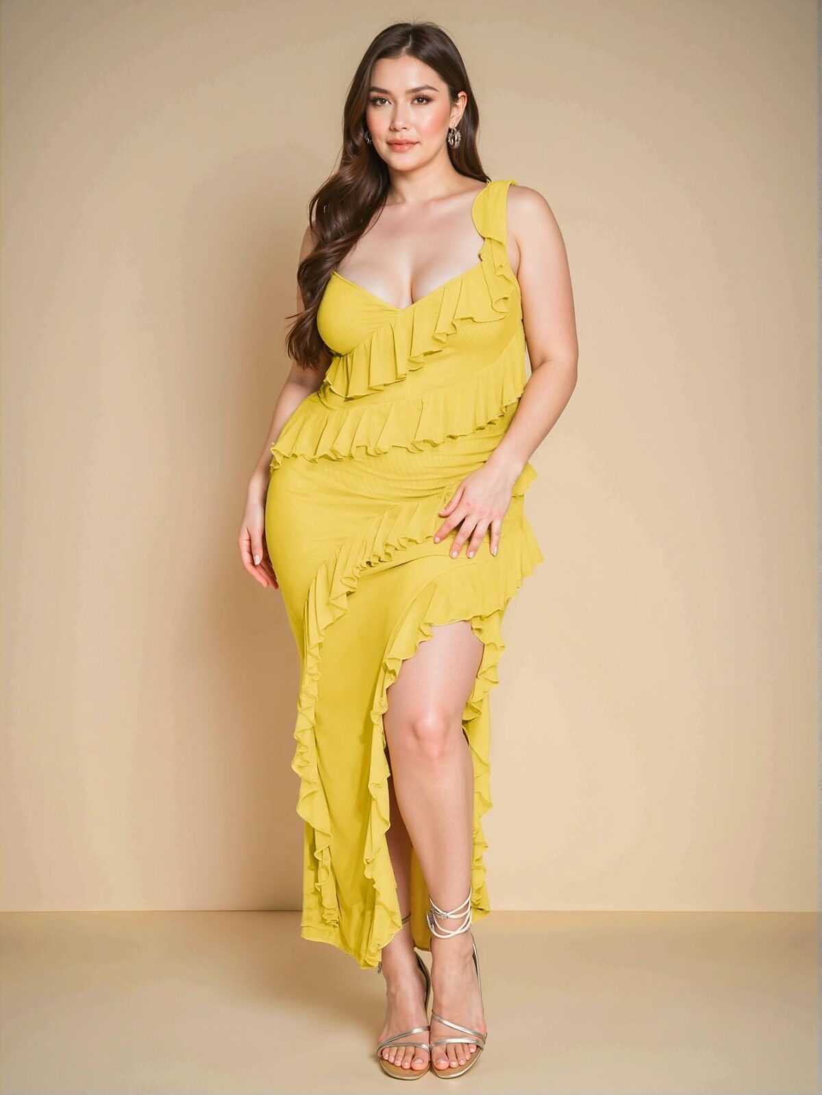 Elegant Yellow Asymmetrical Ruffle Hem Bodycon Maxi Dress Chic, Classy and Trendy Fashion Style to Dress to Impress - Image 3