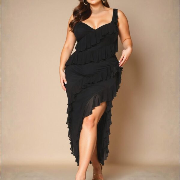 Elegant Black Plus Size Women's Dress with Ruffle Trim and Side Slit, Ideal for Weddings and Birthdays - Chic, Classy and Trendy Fashion Style to Dress to Impress