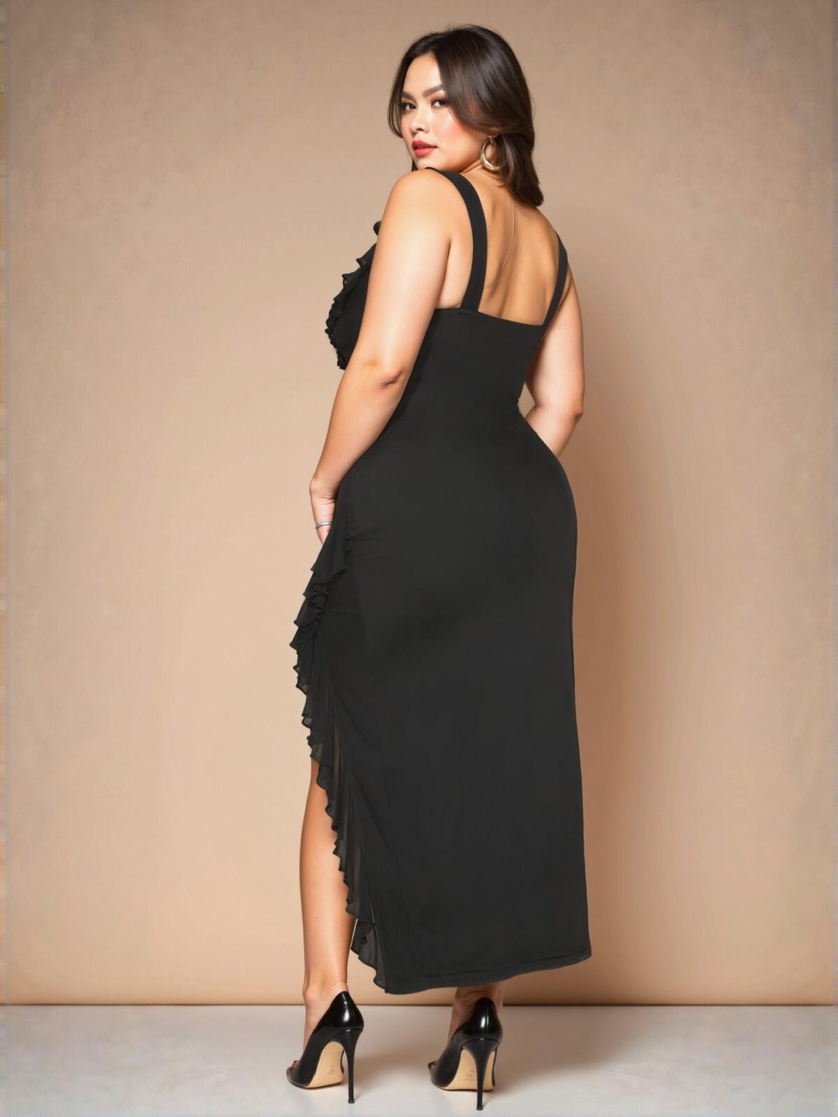 Elegant Black Plus Size Women's Dress with Ruffle Trim and Side Slit, Ideal for Weddings and Birthdays - Chic, Classy and Trendy Fashion Style to Dress to Impress - Image 2