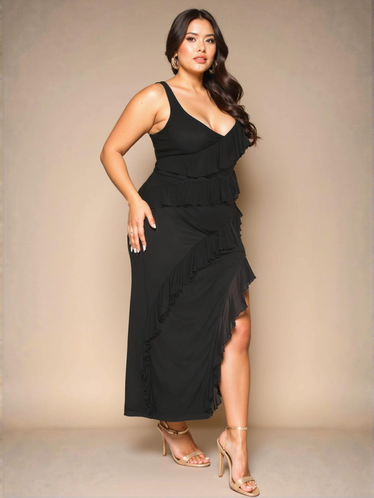 Elegant Black Plus Size Women's Dress with Ruffle Trim and Side Slit, Ideal for Weddings and Birthdays - Chic, Classy and Trendy Fashion Style to Dress to Impress - Image 3