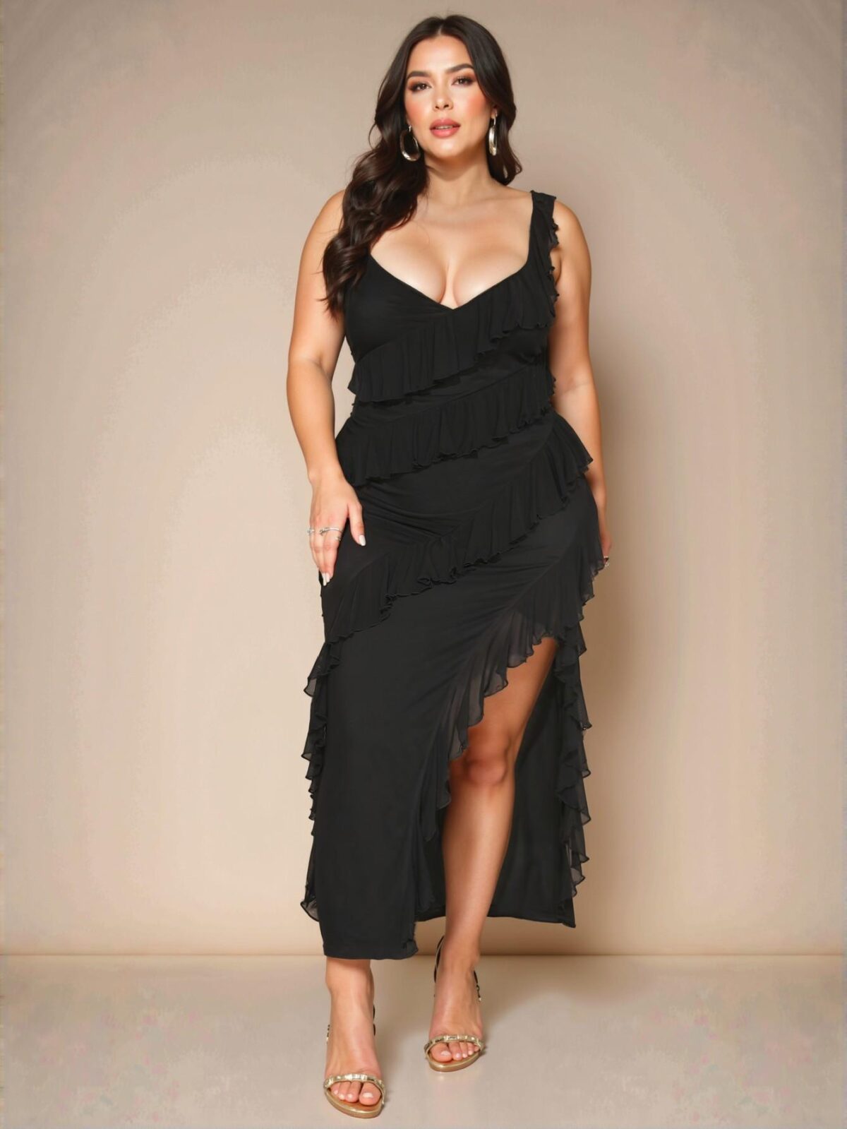 Elegant Black Plus Size Women's Dress with Ruffle Trim and Side Slit, Ideal for Weddings and Birthdays - Chic, Classy and Trendy Fashion Style to Dress to Impress - Image 5