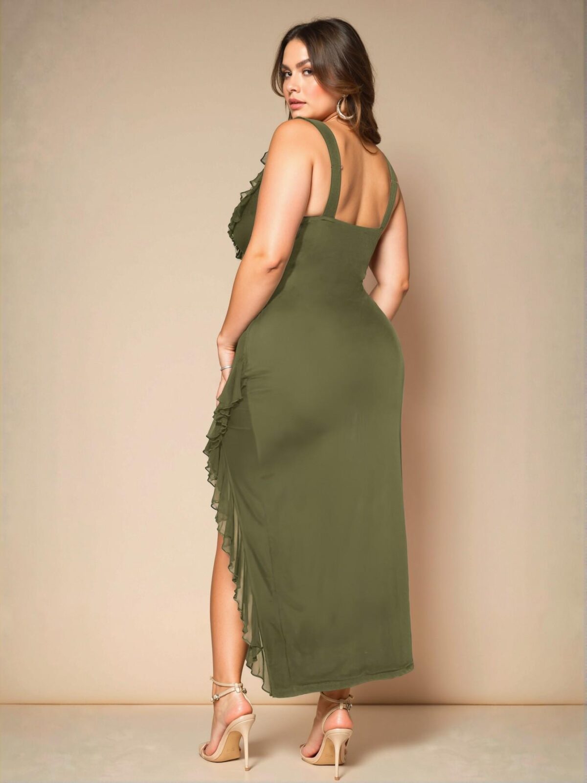 Elegant Army Green Ruffled High Slit Bodycon Maxi Cami Dress for a Chic, Classy and Trendy Fashion Style to Dress to Impress - Image 2