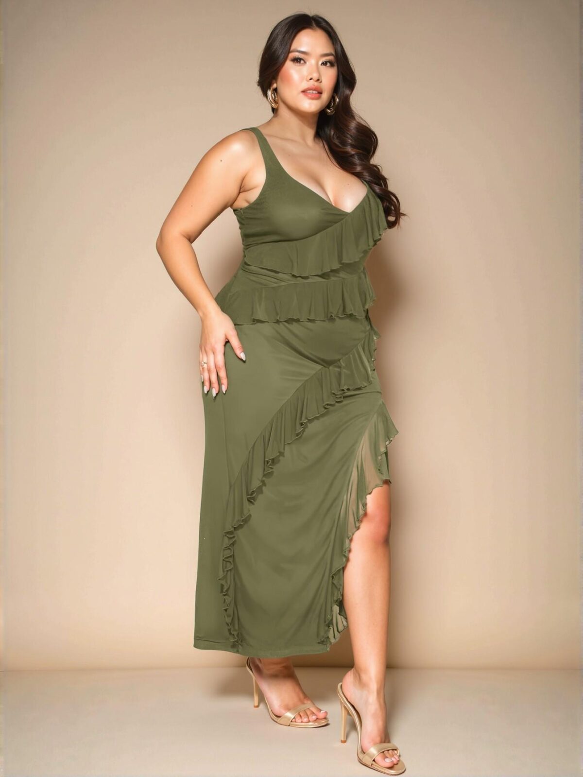 Elegant Army Green Ruffled High Slit Bodycon Maxi Cami Dress for a Chic, Classy and Trendy Fashion Style to Dress to Impress - Image 3