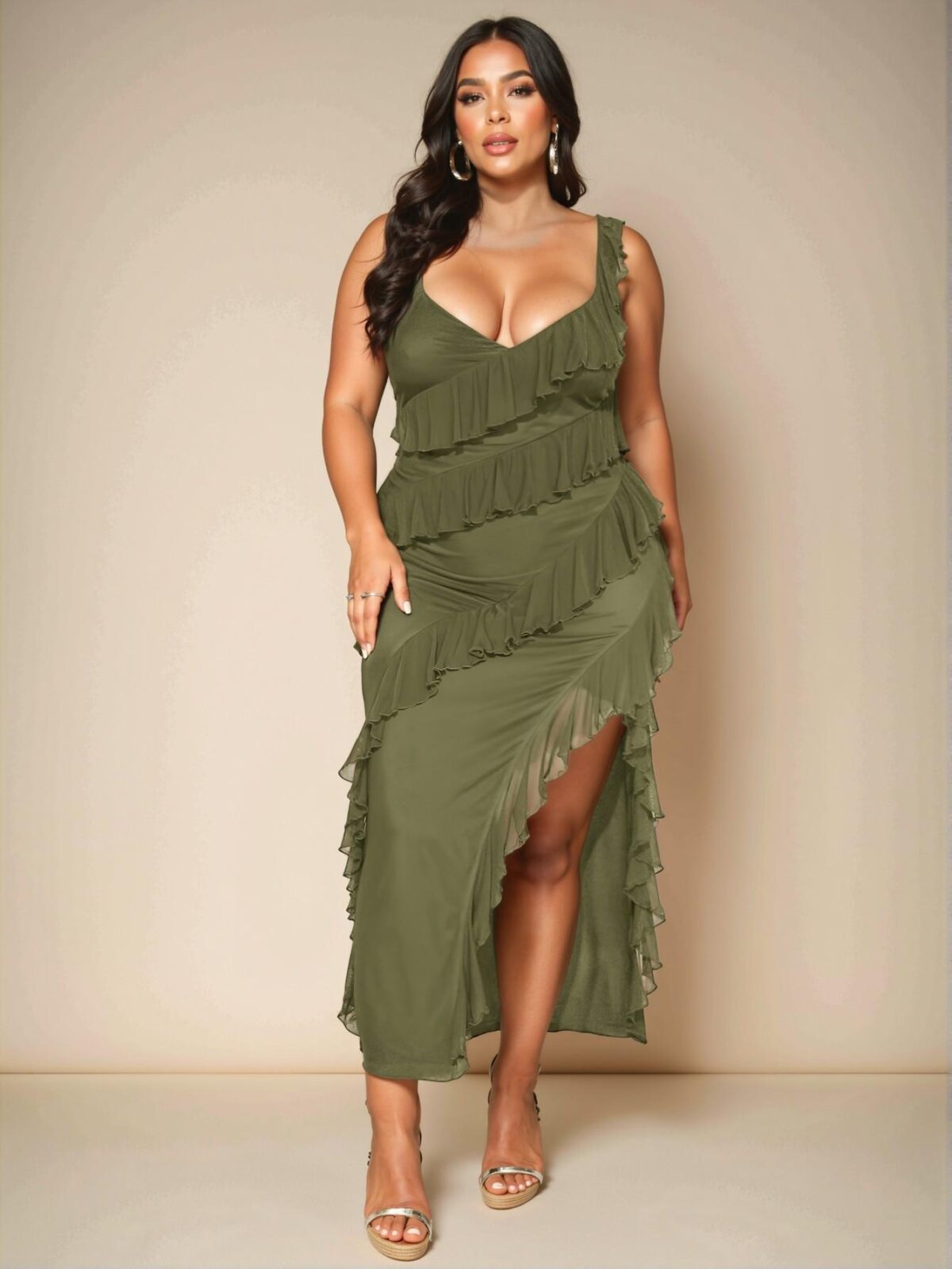 Elegant Army Green Ruffled High Slit Bodycon Maxi Cami Dress for a Chic, Classy and Trendy Fashion Style to Dress to Impress - Image 5