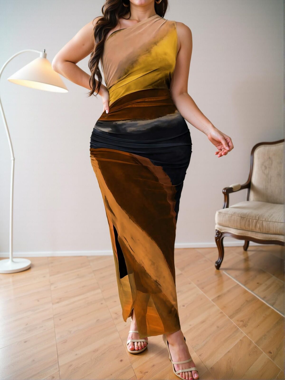 Elegant Multicolor Stylish Plus Size Tie-Dye Ruched Asymmetric Neck Slit Midi Dress for Women – Chic, Classy, and Trendy Fashion Style to Dress to Impress - Image 3