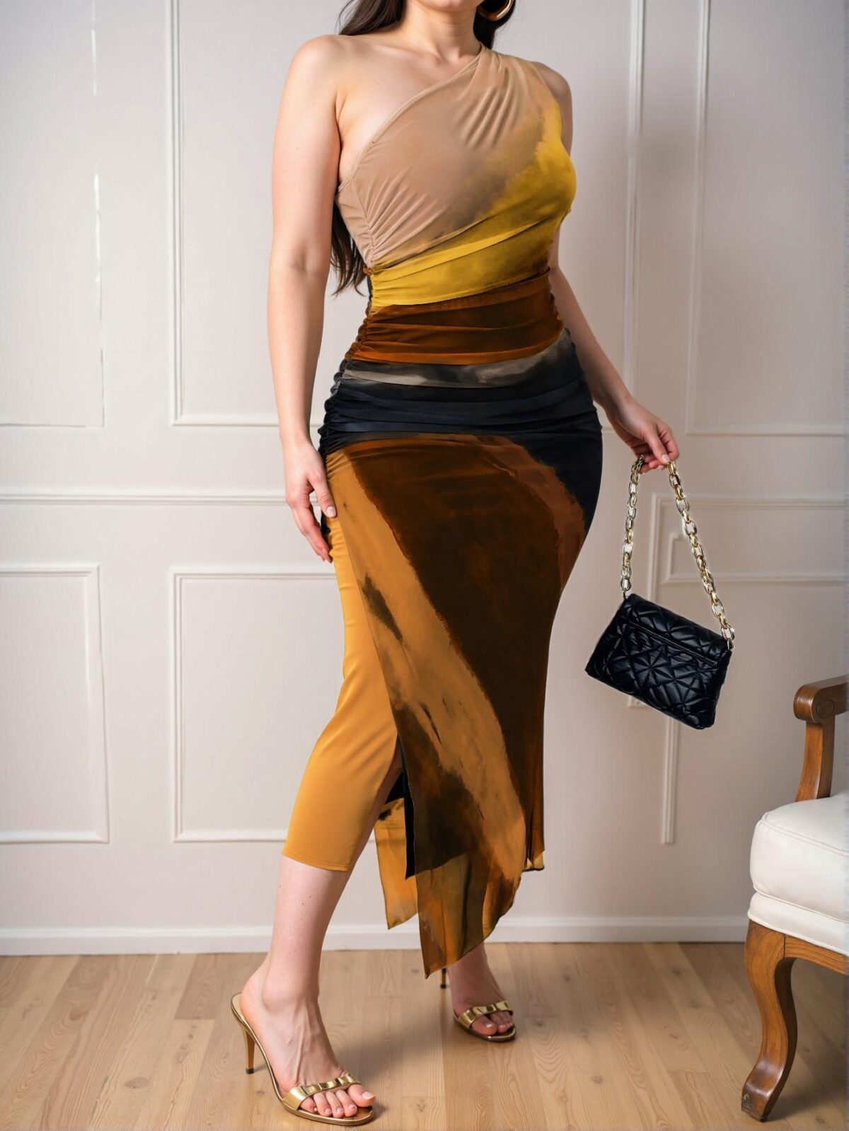 Elegant Multicolor Stylish Plus Size Tie-Dye Ruched Asymmetric Neck Slit Midi Dress for Women – Chic, Classy, and Trendy Fashion Style to Dress to Impress - Image 4
