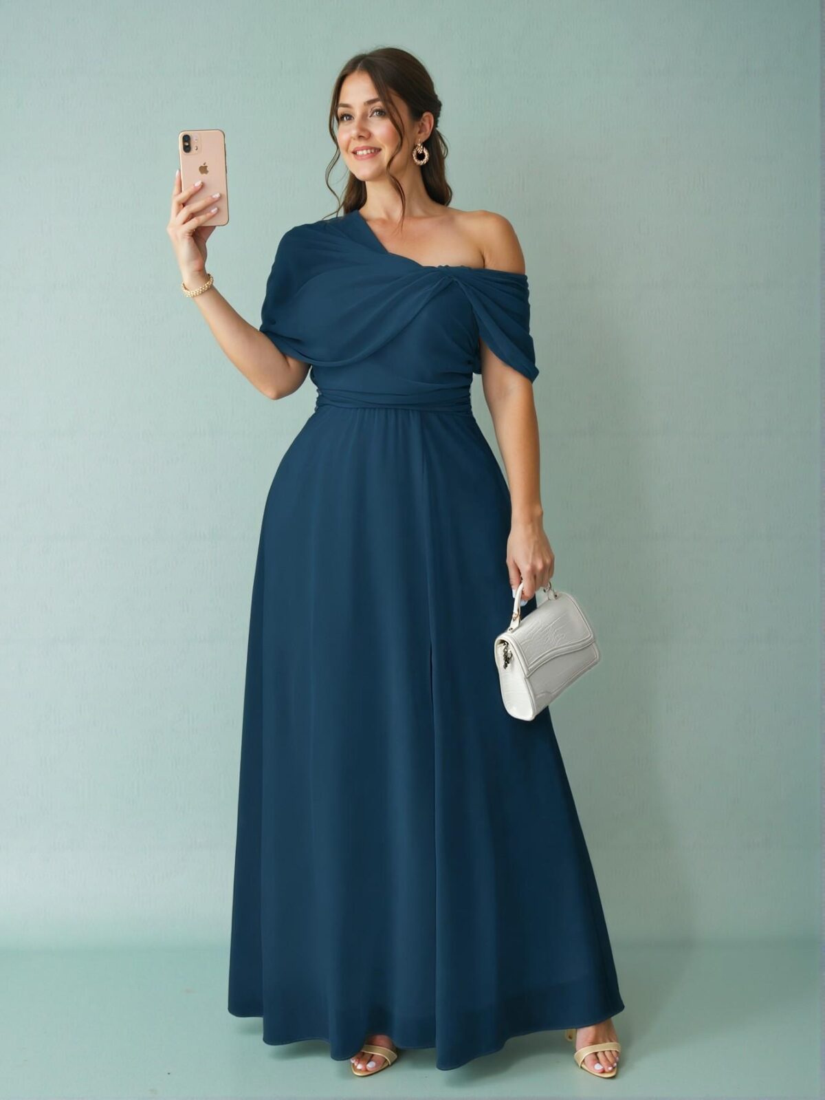 Elegant Teal Blue Chic Asymmetrical Hem Split Dress for Weddings and Parties - Chic, Classy and Trendy Fashion Style to Dress to Impress - Image 4
