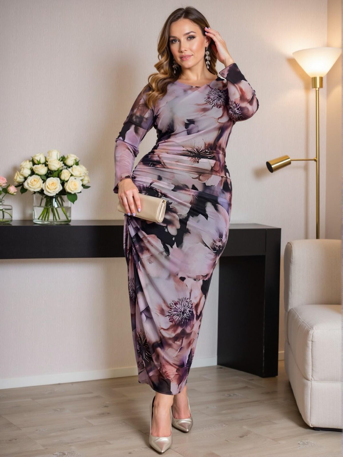 Elegant Multicolor Fitted Maxi Dress with Tie Dye and Plant Prints for Plus Size Women - Chic, Classy, and Trendy Fashion Style to Dress to Impress