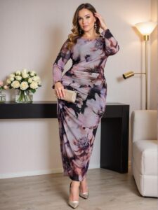 Elegant Multicolor Fitted Maxi Dress with Tie Dye and Plant Prints for Plus Size Women - Chic, Classy, and Trendy Fashion Style to Dress to Impress