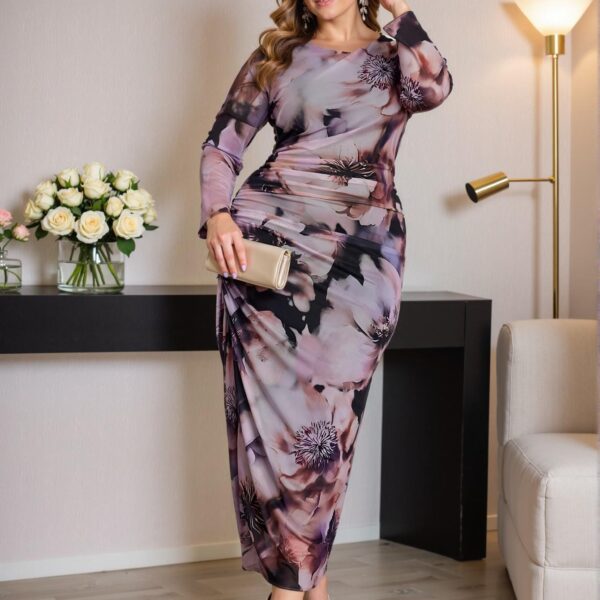Elegant Multicolor Fitted Maxi Dress with Tie Dye and Plant Prints for Plus Size Women - Chic, Classy, and Trendy Fashion Style to Dress to Impress