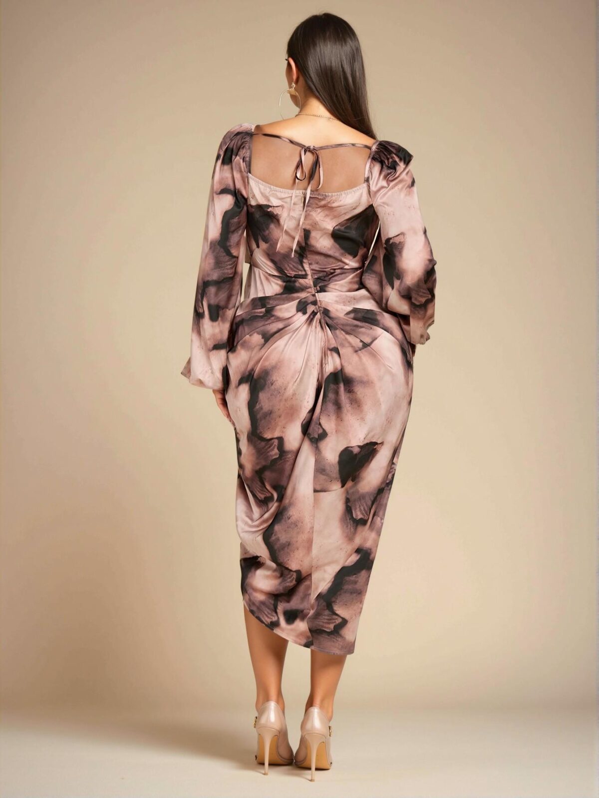 Elegant Multicolor Draped Neck Asymmetrical High Slit Long Sleeve Midi Dress for Parties and Events - Chic, Classy and Trendy Fashion Style to Dress to Impress - Image 2