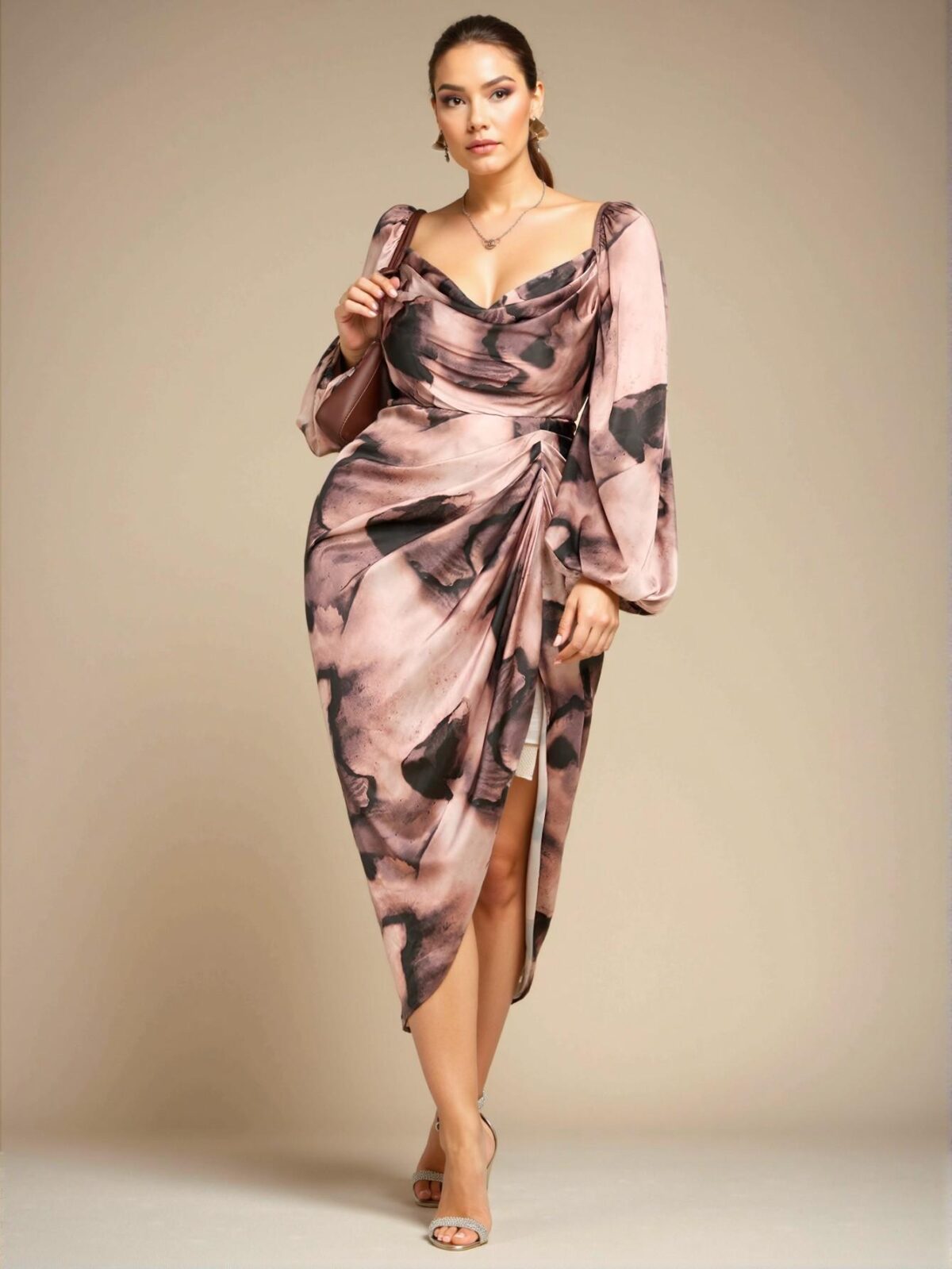 Elegant Multicolor Draped Neck Asymmetrical High Slit Long Sleeve Midi Dress for Parties and Events - Chic, Classy and Trendy Fashion Style to Dress to Impress - Image 3