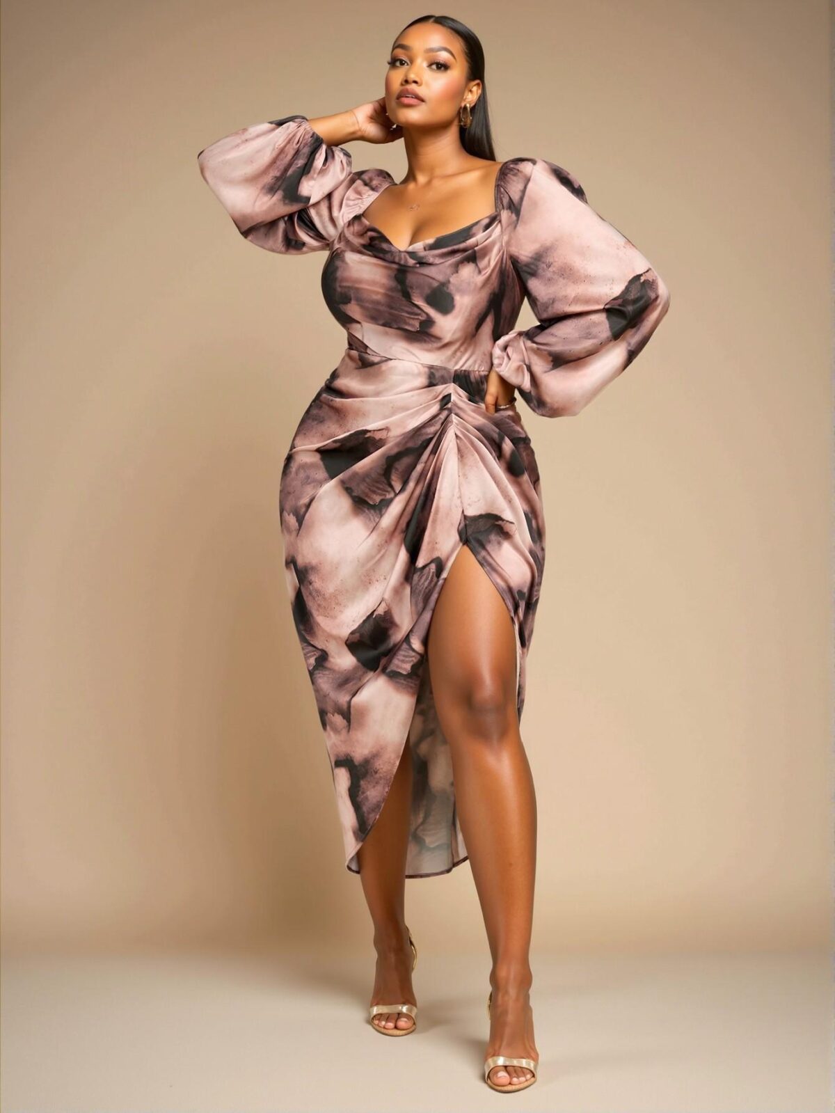 Elegant Multicolor Draped Neck Asymmetrical High Slit Long Sleeve Midi Dress for Parties and Events - Chic, Classy and Trendy Fashion Style to Dress to Impress - Image 4
