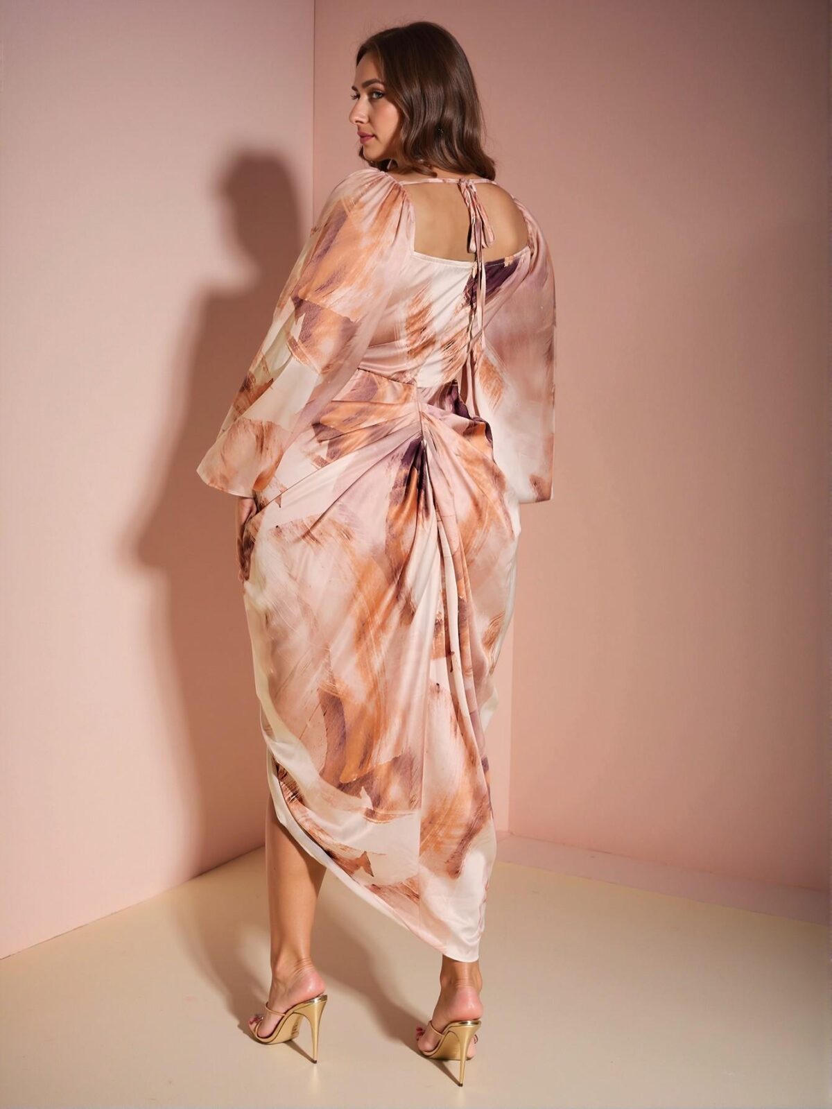 Elegant Multicolor Draped Neck Ruched Asymmetrical Hem Slit Midi Dress with Long Bishop Sleeves for Stylish Fall and Halloween Celebrations - Chic, Classy and Trendy Fashion Style to Dress to Impress - Image 2