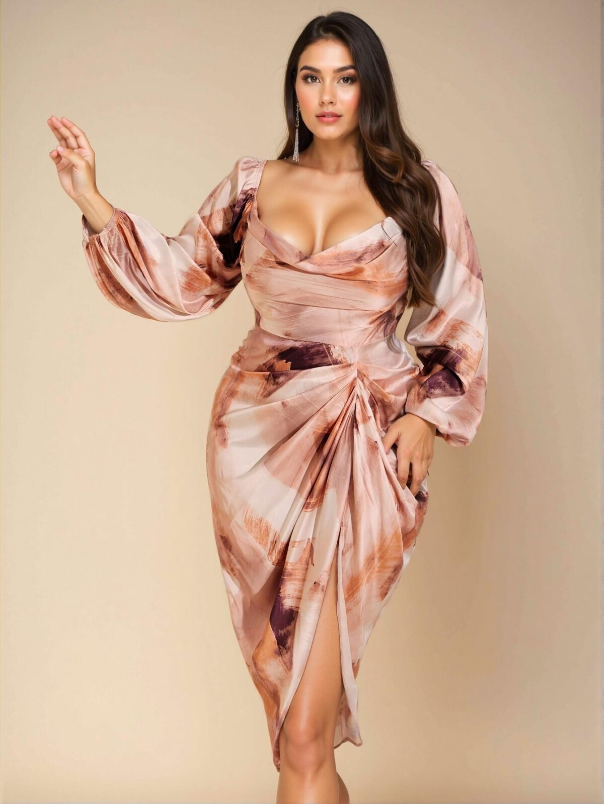 Elegant Multicolor Draped Neck Ruched Asymmetrical Hem Slit Midi Dress with Long Bishop Sleeves for Stylish Fall and Halloween Celebrations - Chic, Classy and Trendy Fashion Style to Dress to Impress - Image 3