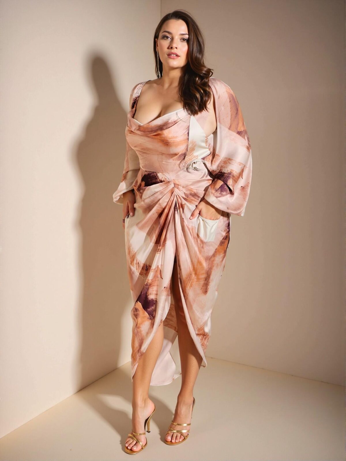 Elegant Multicolor Draped Neck Ruched Asymmetrical Hem Slit Midi Dress with Long Bishop Sleeves for Stylish Fall and Halloween Celebrations - Chic, Classy and Trendy Fashion Style to Dress to Impress - Image 4