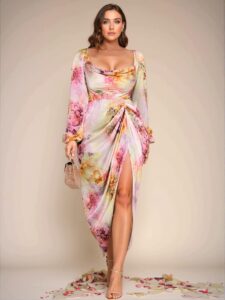 Elegant Multicolor Draped Neck Plus Size Party Dress with Asymmetric Hem and Side Slit, Perfect for Halloween and Valentine's Day – Chic, Classy, and Trendy Fashion Style to Dress to Impress.