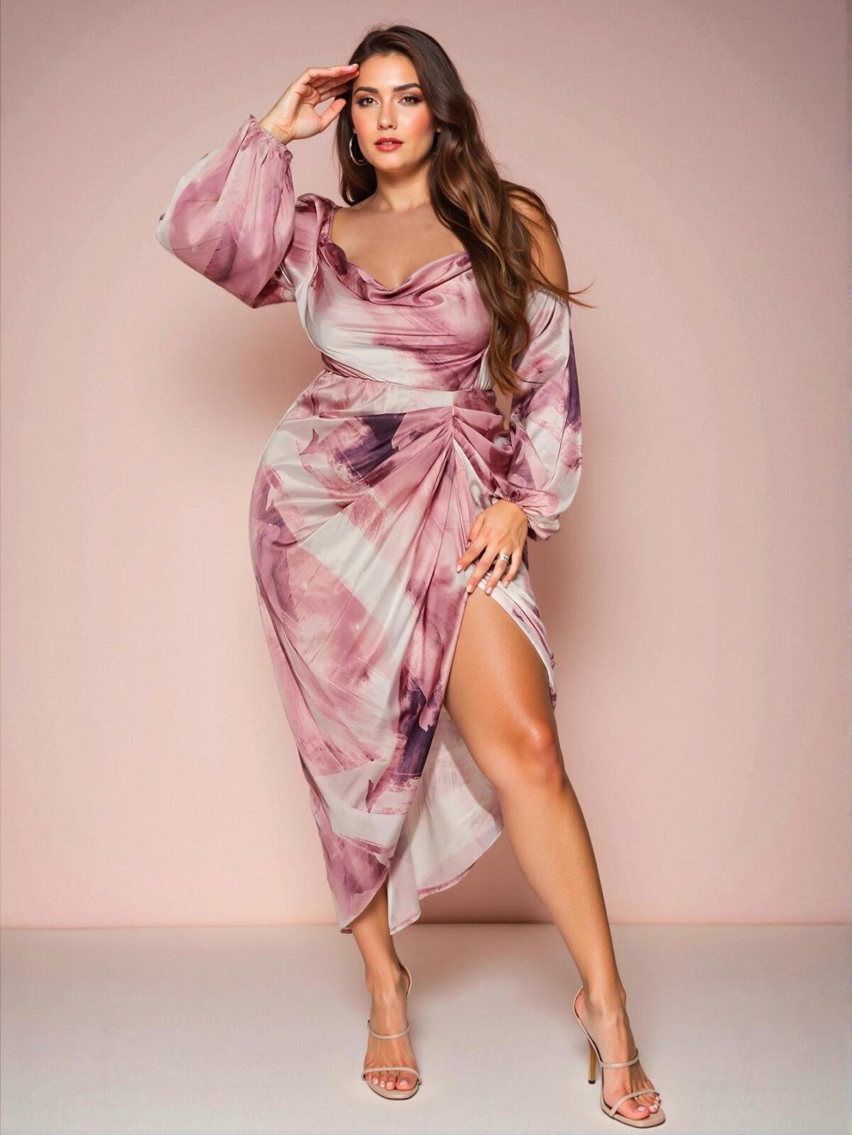 Elegant Dusty Pink Draped Asymmetrical Hem Long Sleeve Party Dress with Split Thigh for Halloween Event - Chic, Classy and Trendy Fashion Style to Dress to Impress