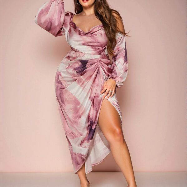 Elegant Dusty Pink Draped Asymmetrical Hem Long Sleeve Party Dress with Split Thigh for Halloween Event - Chic, Classy and Trendy Fashion Style to Dress to Impress