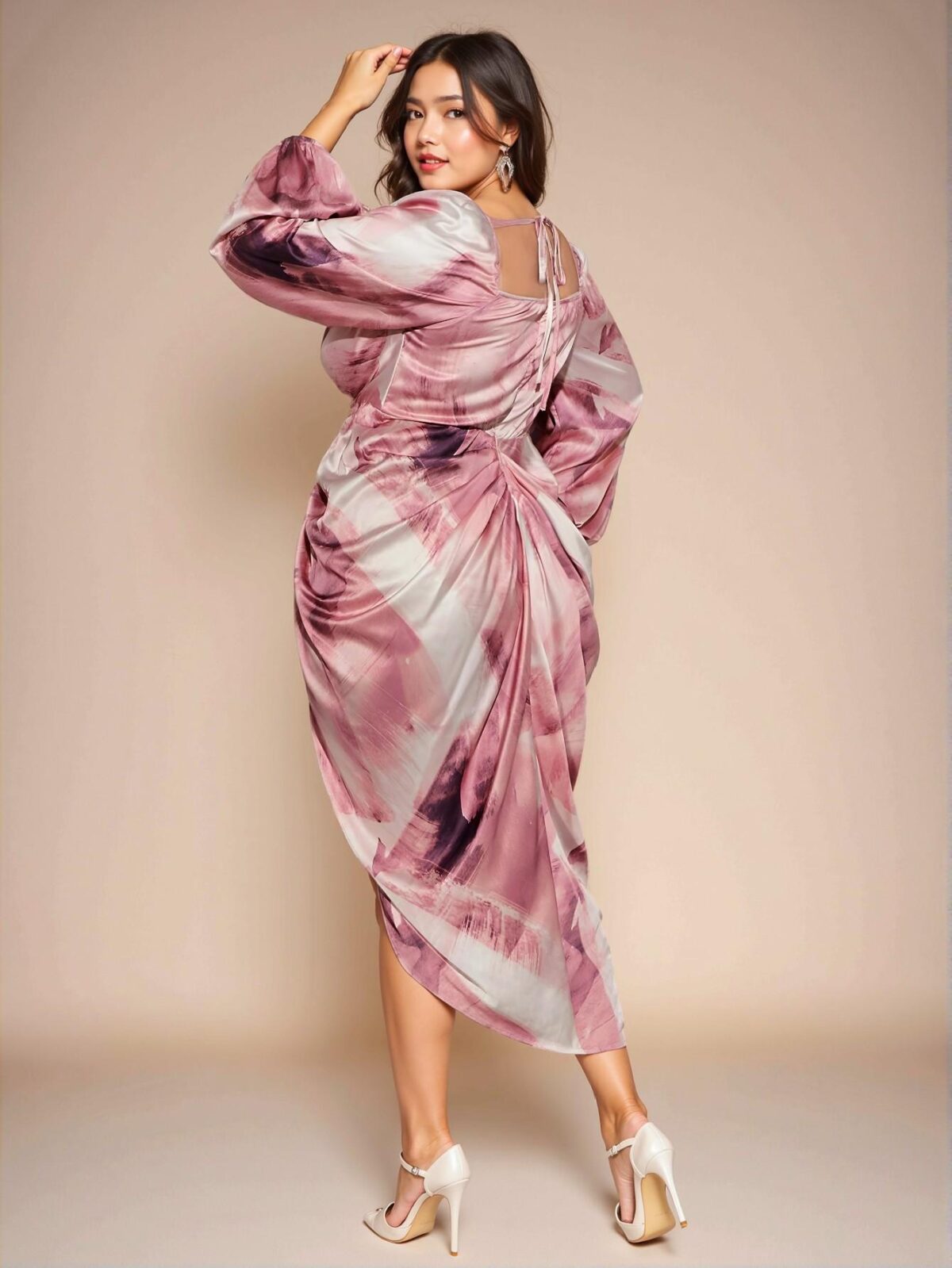 Elegant Dusty Pink Draped Asymmetrical Hem Long Sleeve Party Dress with Split Thigh for Halloween Event - Chic, Classy and Trendy Fashion Style to Dress to Impress - Image 2
