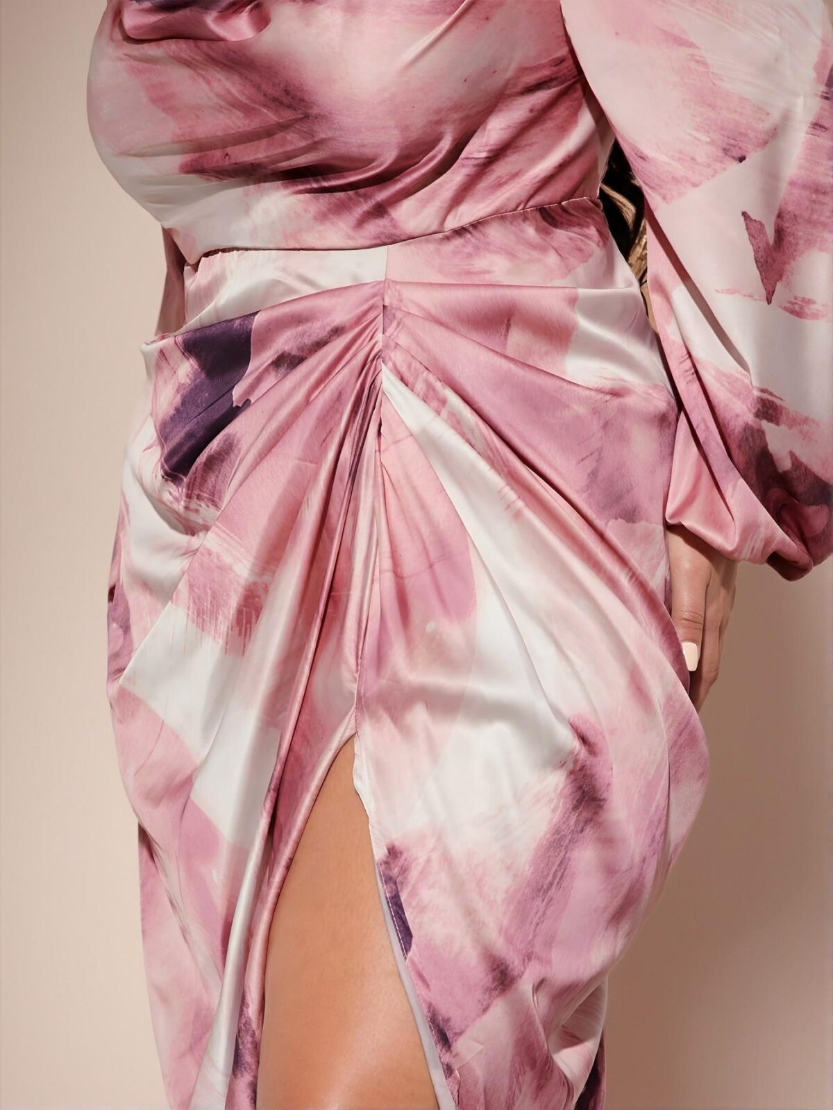 Elegant Dusty Pink Draped Asymmetrical Hem Long Sleeve Party Dress with Split Thigh for Halloween Event - Chic, Classy and Trendy Fashion Style to Dress to Impress - Image 3