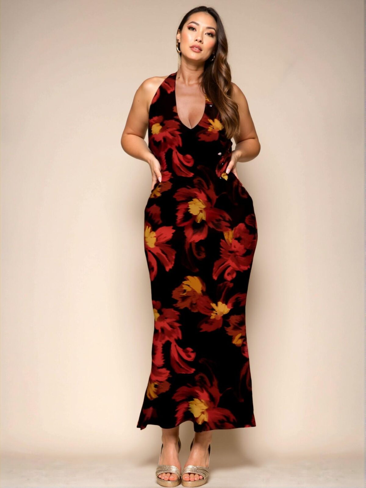 Elegant Red Bodycon Halter Neck Maxi Dress with Floral Design - Chic, Classy and Trendy Fashion Style to Dress to Impress