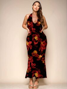 Elegant Red Bodycon Halter Neck Maxi Dress with Floral Design - Chic, Classy and Trendy Fashion Style to Dress to Impress
