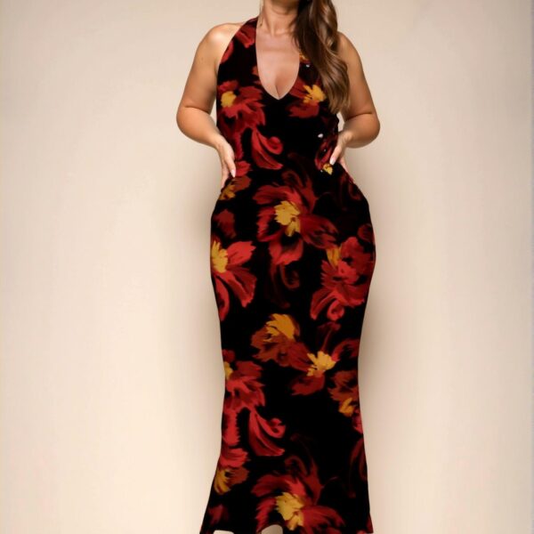 Elegant Red Bodycon Halter Neck Maxi Dress with Floral Design - Chic, Classy and Trendy Fashion Style to Dress to Impress
