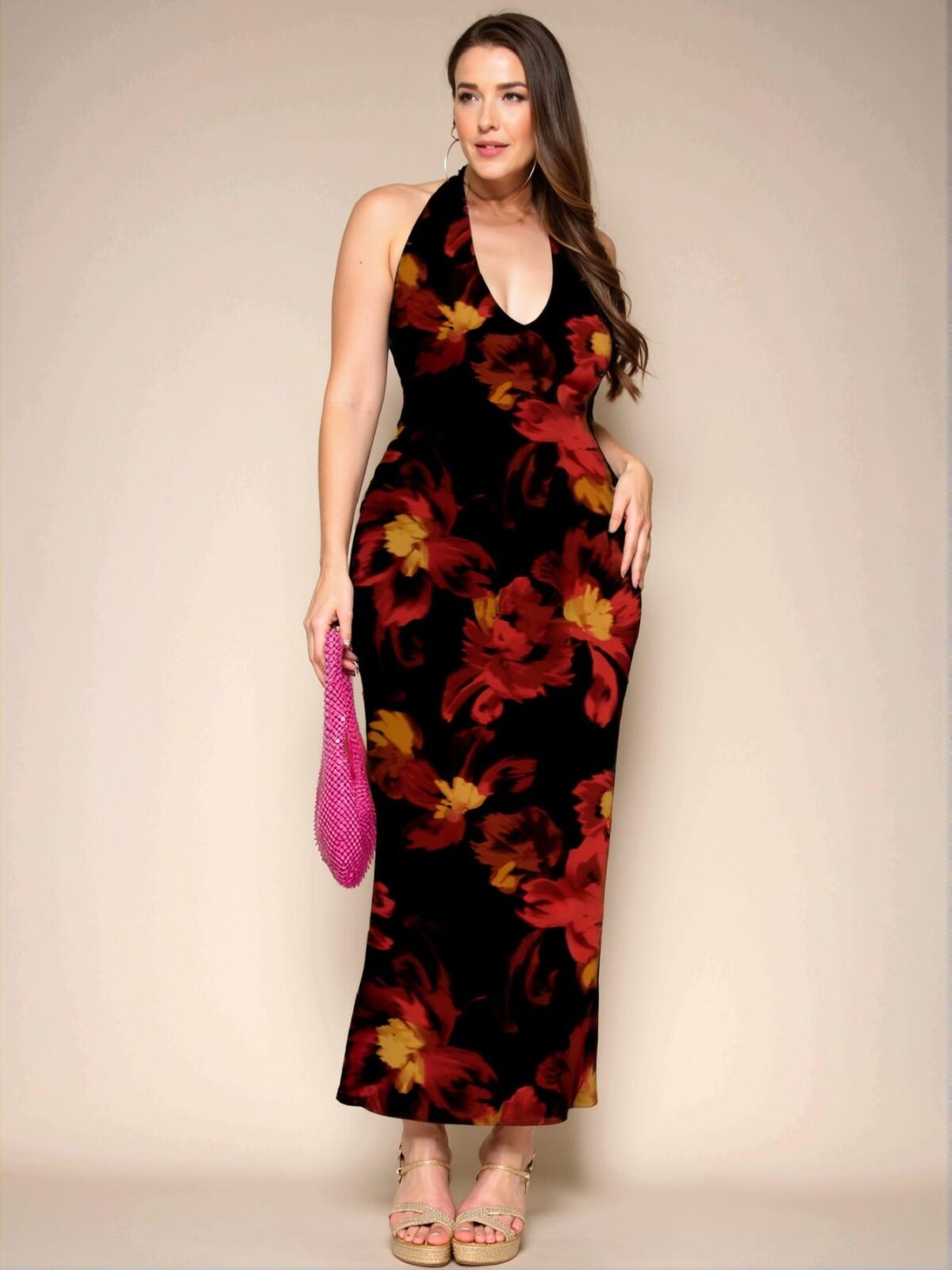 Elegant Red Bodycon Halter Neck Maxi Dress with Floral Design - Chic, Classy and Trendy Fashion Style to Dress to Impress - Image 4