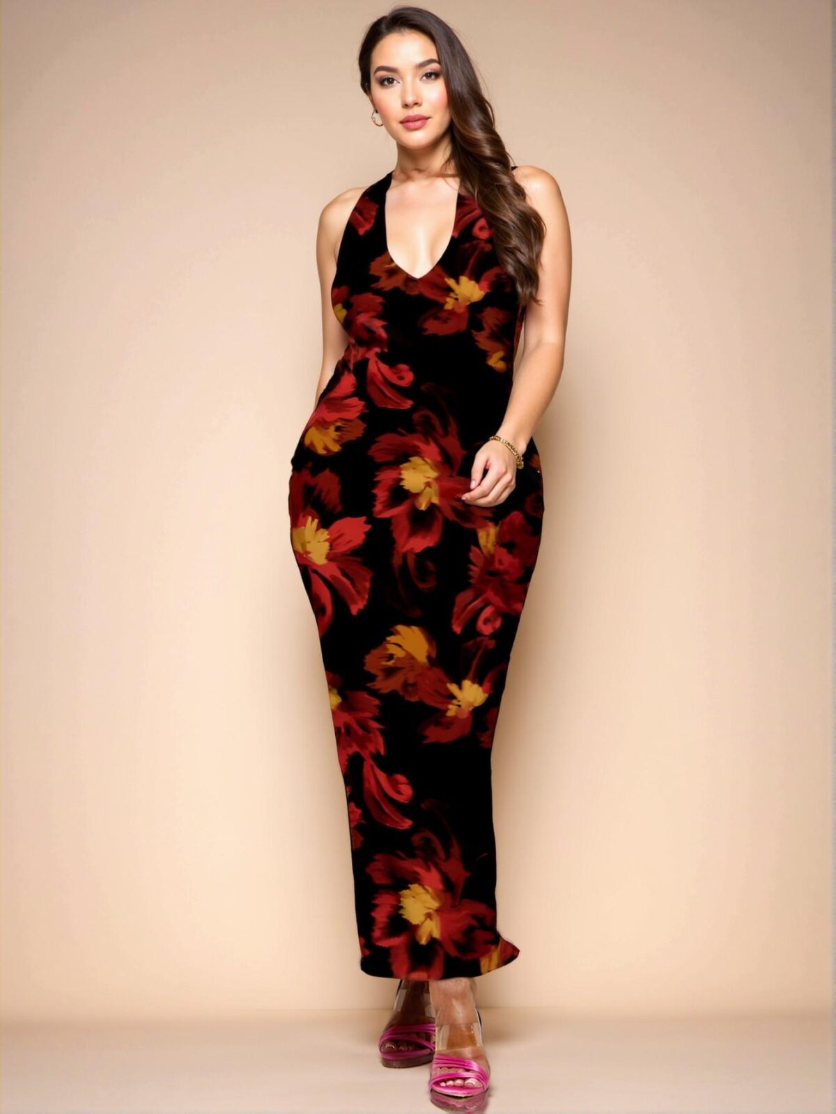 Elegant Red Bodycon Halter Neck Maxi Dress with Floral Design - Chic, Classy and Trendy Fashion Style to Dress to Impress - Image 5