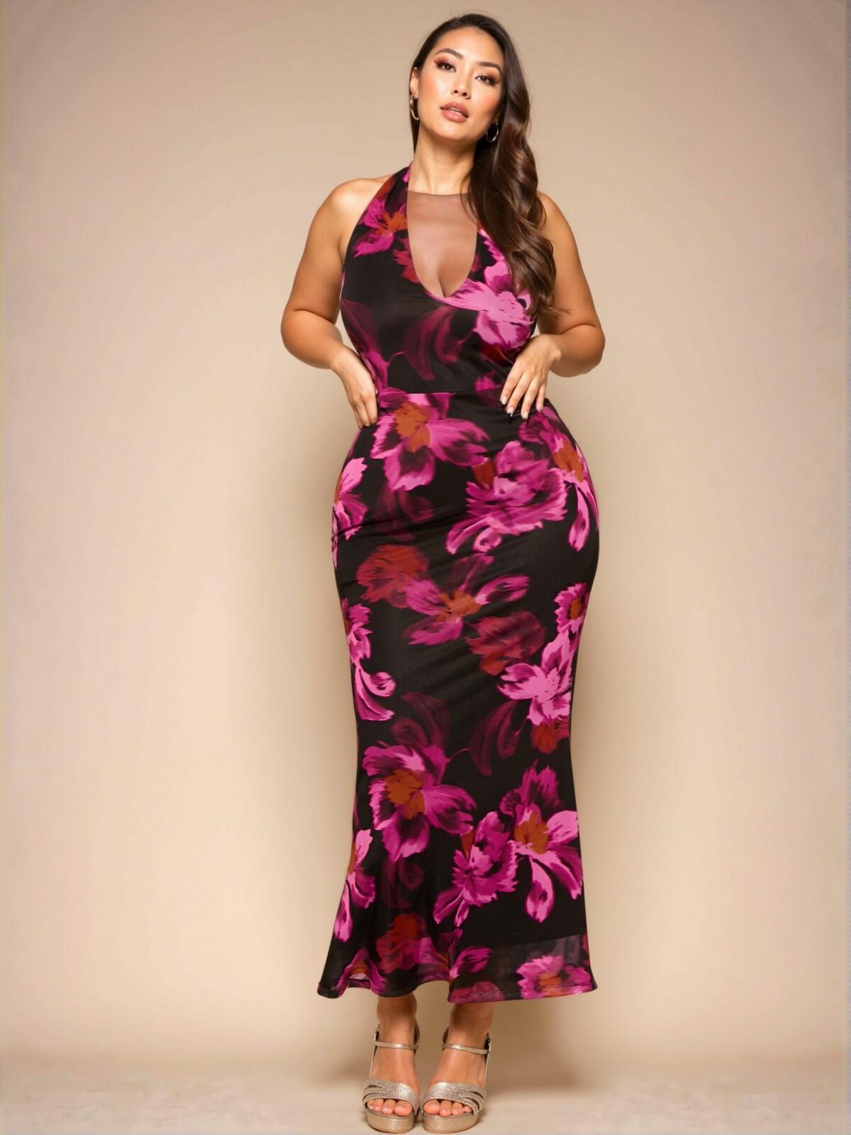 "Elegant Multicolor Bodycon Floral Halter Neck Dress for Summer Events and Birthday Celebrations - Chic, Classy and Trendy Fashion Style to Dress to Impress" - Image 3