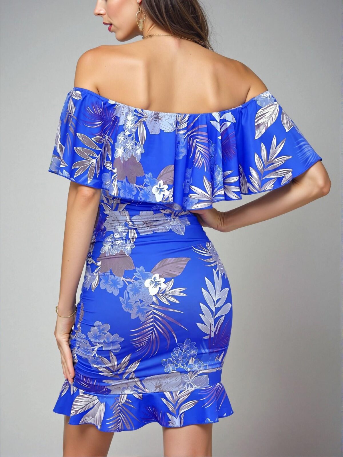 Elegant Blue Boho Tropical Off Shoulder Ruffle Trim Ruched Bodycon Dress for Spring and Summer - Chic, Classy and Trendy Fashion Style to Dress to Impress - Image 2
