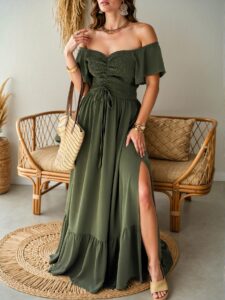 Elegant Army Green Flounce Sleeve Off Shoulder A-Line Dress with Ruffled Details for Spring/Summer - Chic, Classy and Trendy Fashion Style to Dress to Impress