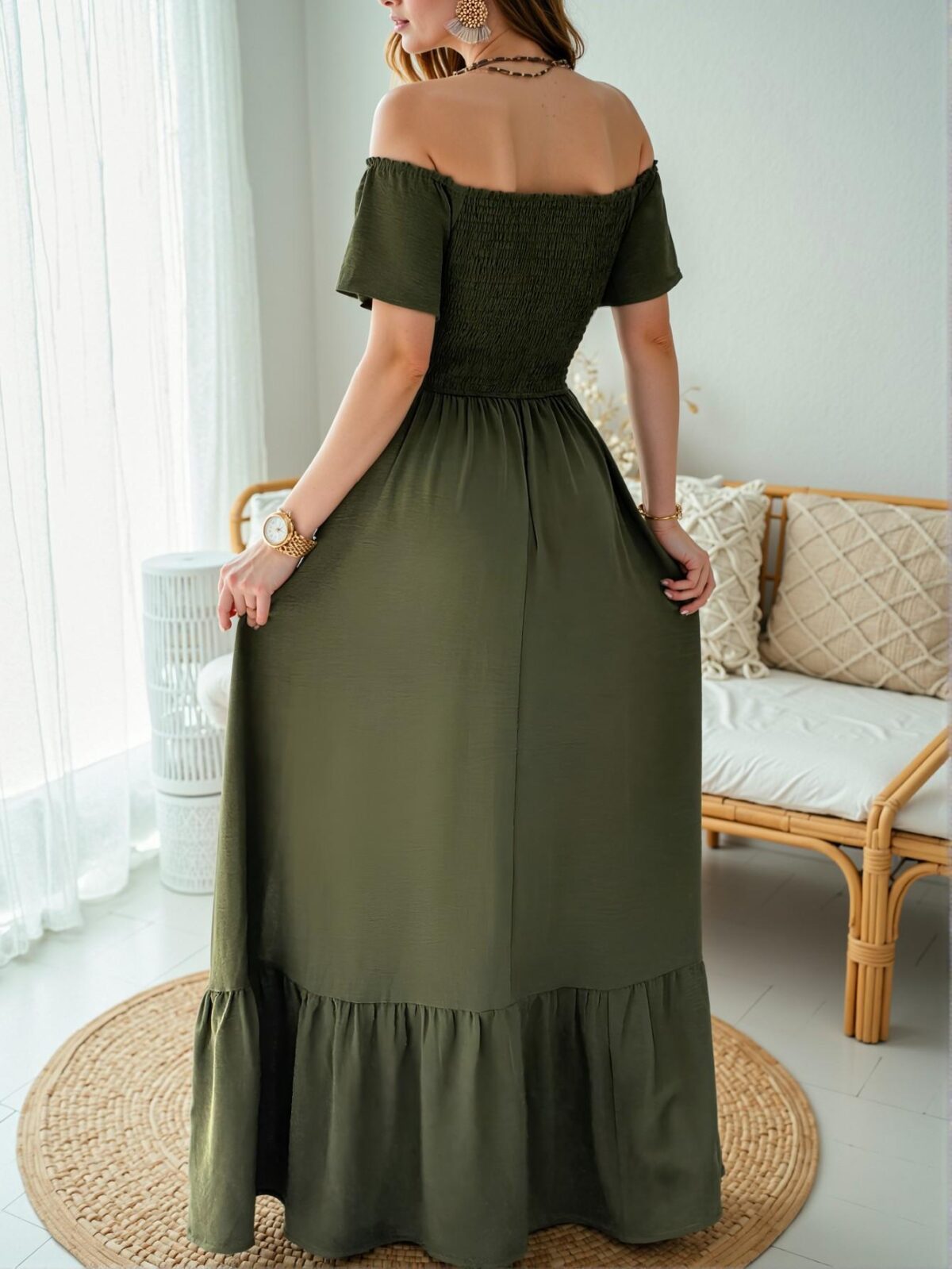 Elegant Army Green Flounce Sleeve Off Shoulder A-Line Dress with Ruffled Details for Spring/Summer - Chic, Classy and Trendy Fashion Style to Dress to Impress - Image 2