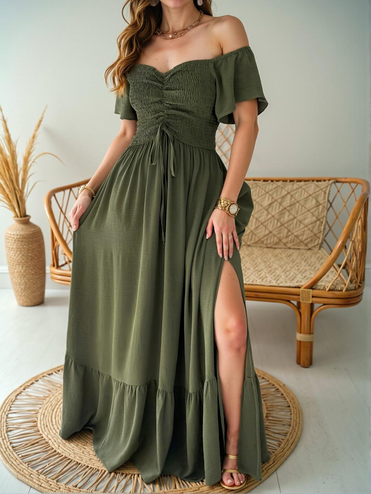 Elegant Army Green Flounce Sleeve Off Shoulder A-Line Dress with Ruffled Details for Spring/Summer - Chic, Classy and Trendy Fashion Style to Dress to Impress - Image 3