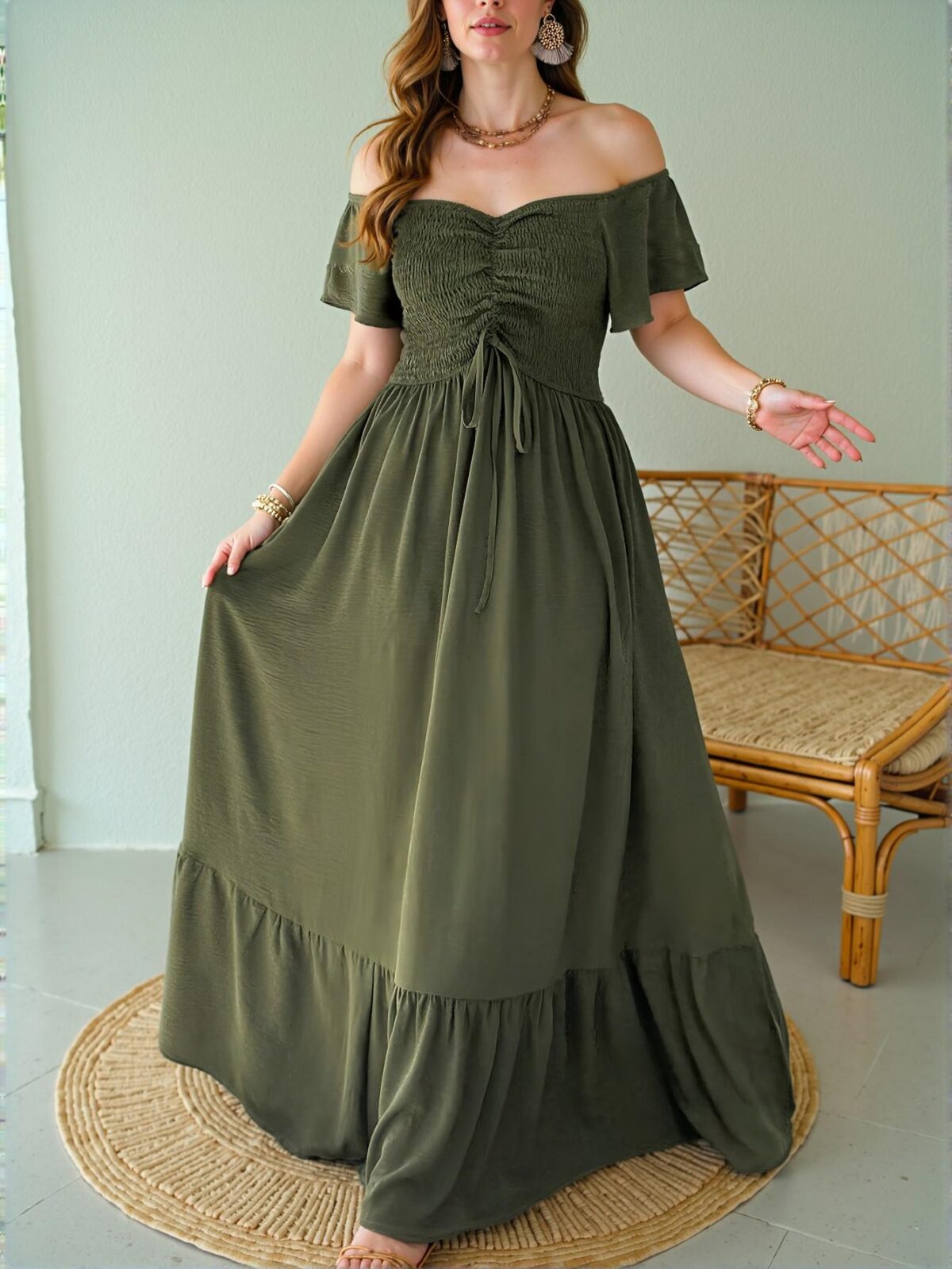 Elegant Army Green Flounce Sleeve Off Shoulder A-Line Dress with Ruffled Details for Spring/Summer - Chic, Classy and Trendy Fashion Style to Dress to Impress - Image 4