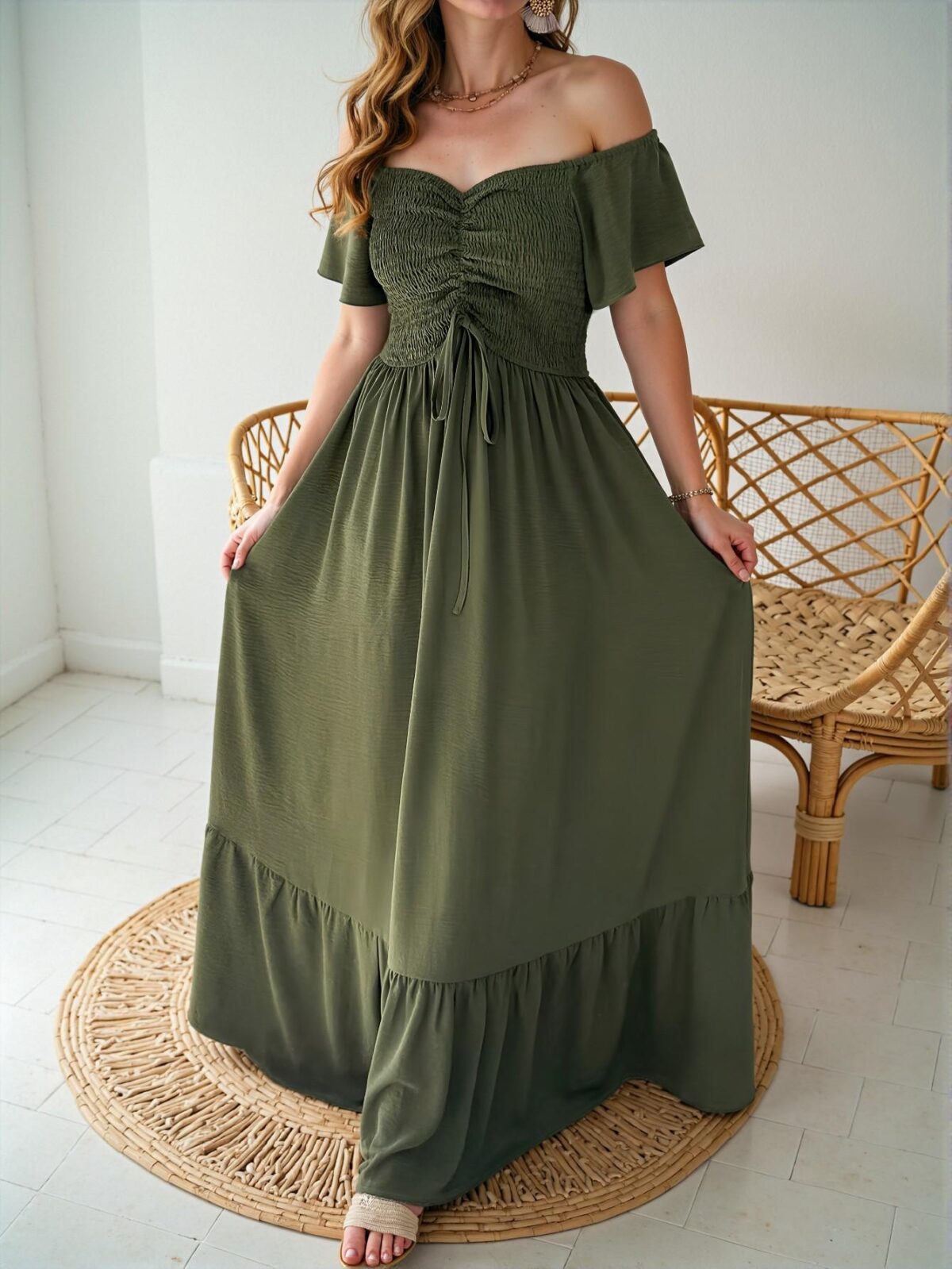 Elegant Army Green Flounce Sleeve Off Shoulder A-Line Dress with Ruffled Details for Spring/Summer - Chic, Classy and Trendy Fashion Style to Dress to Impress - Image 5